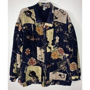 Vintage Fuda International Womens Silk Jacket Size 1X 80s Lined Artsy Full Zip